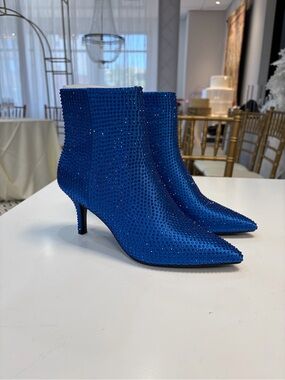 Blue Crystal Embellished Pointed Toe Ankle Boots